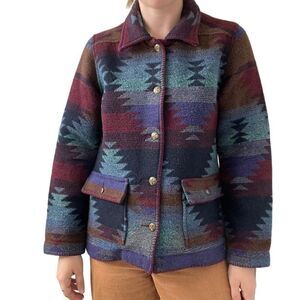 Vintage 90s Womens Wool Blend Aztec Southwestern Bohemian Fleece Jacket Sz L